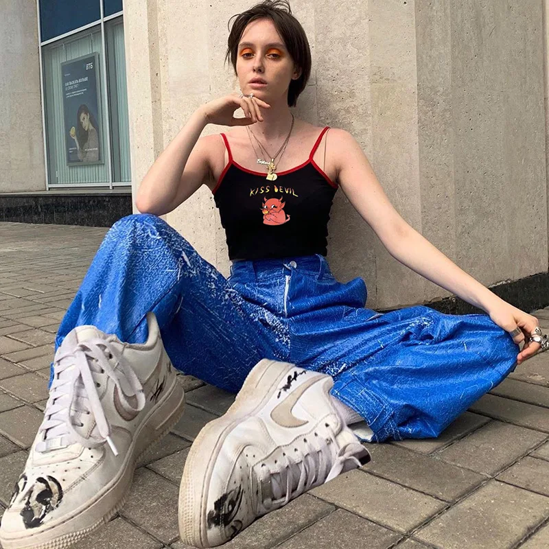 Сексуальный черный милый топик, женский летний топ, бюстье, кроп-топ, Harajuku, тонкий, уличная мода, поцелуй дьявола, мультяшный топик, женская одежда