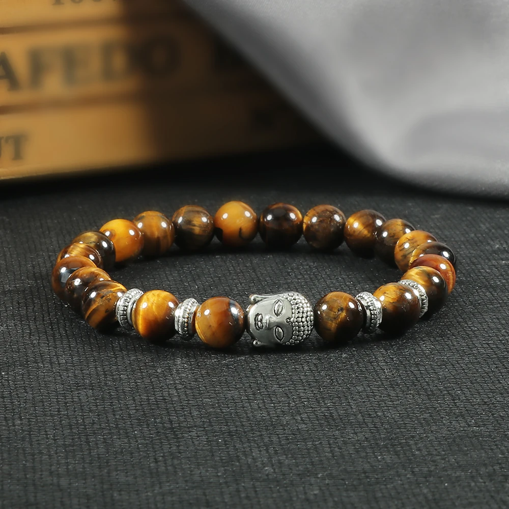 Мужской браслет из камня тигровый глаз серебряного цвета Будда Очаровательная