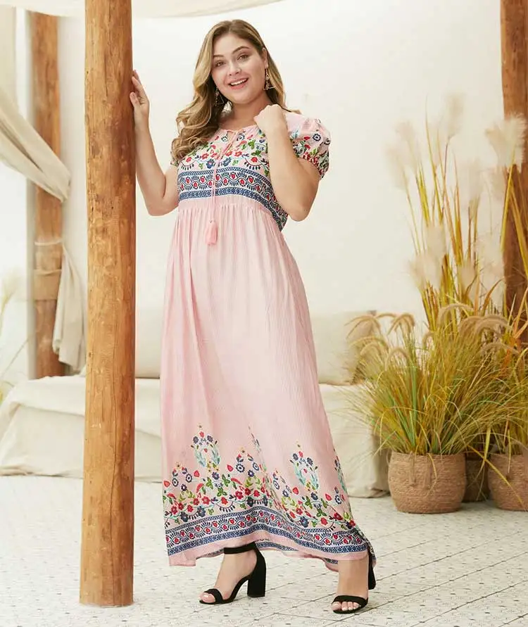 Макси-платье размера плюс с цветочным принтом для женщин лето-осень короткий