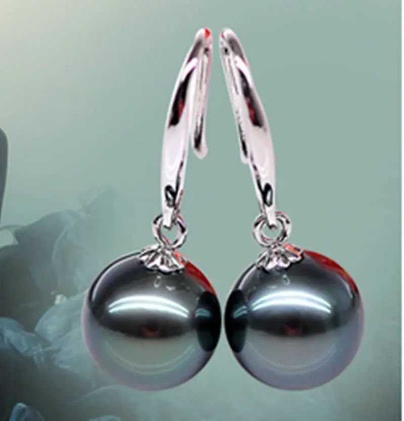 

fashion 8 MM Genuine Black South Sea Shell Pearl Silver Dangle Earrings AAA