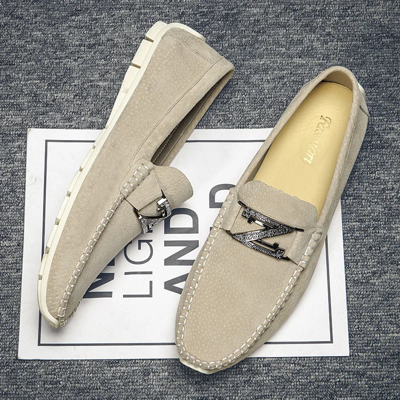 

ALCUBIEREE Fashion Buckle Loafers for Men Suede Leather Moccasin Spring Lightweight Flats Driving Shoes Casual Mens Footwear