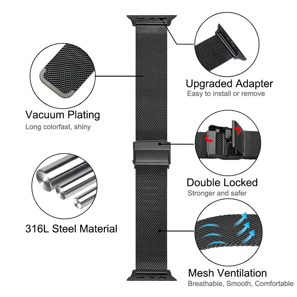 Сетчатый ремешок для Apple Watch band 44 мм 40 металлический браслет из нержавеющей стали