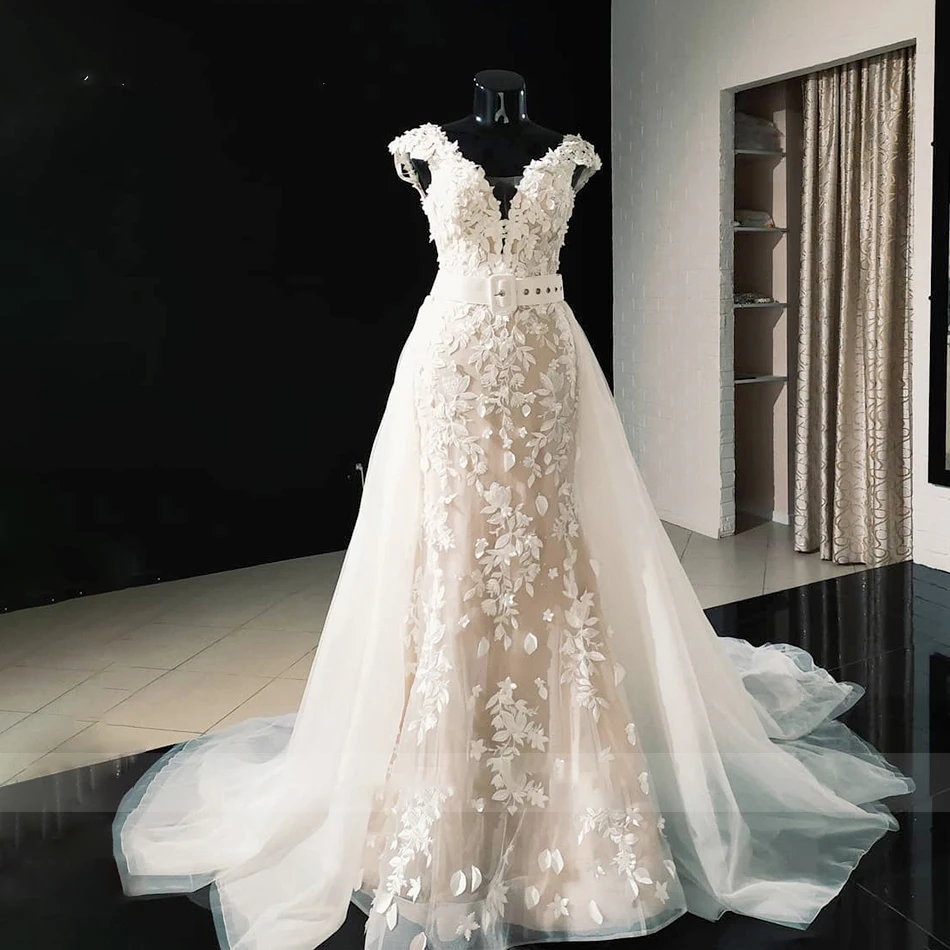 

BAZIIINGAAA Luxury Long Sleeve Mermaid Detachable Mermaid Tail 2-in-1 Lace Wedding Dress
