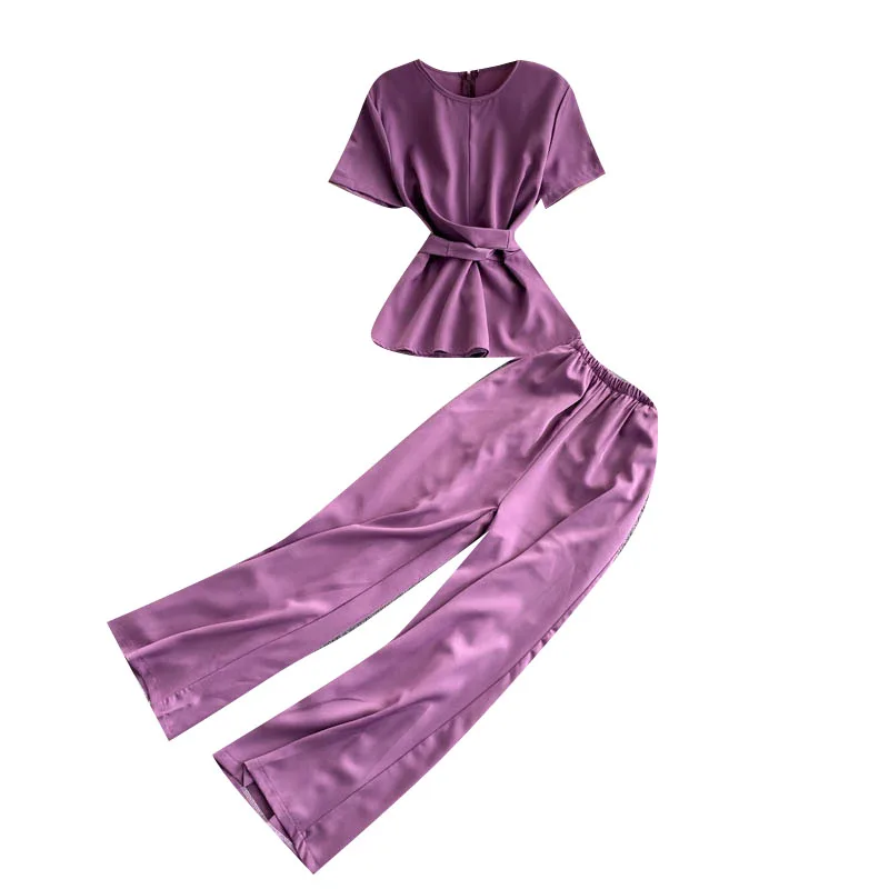 

Professional Suit Women's Summer Temperament Short-sleeved Shirt Tie-in Waist and Thin Wild Wide-leg Pants Two-piece Suit GL030