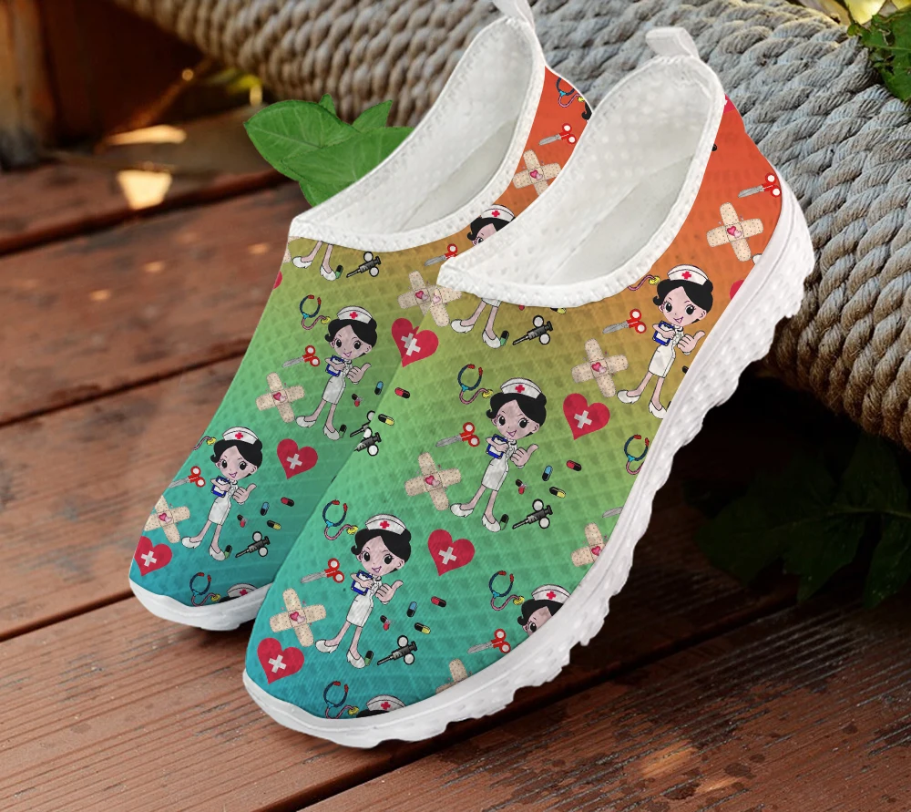 

INSTANTARTS Gradient Nurse Theme Cartoon Pattern Women Slip on Sneaker Summer Breathable Mesh Flat Shoes Female Loafers Footwear