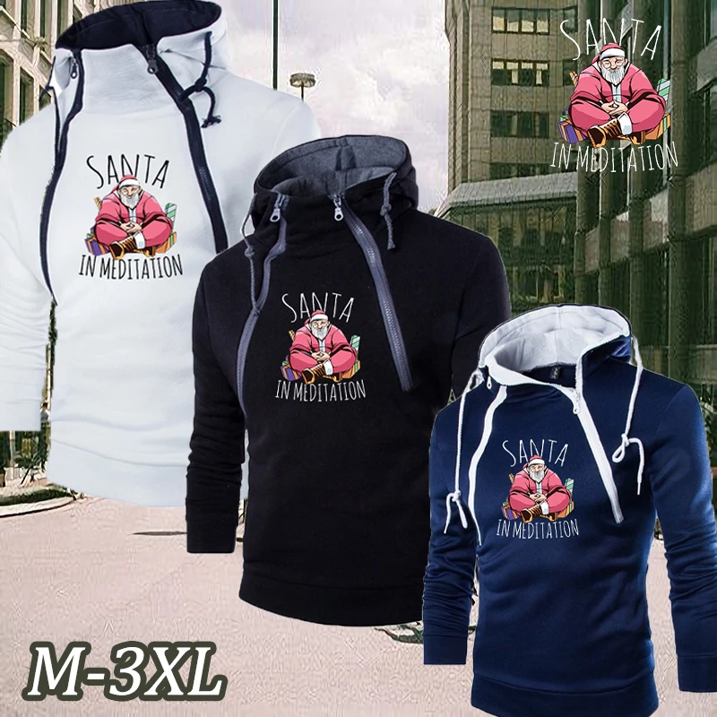 

2021 New Winter Men's Santa Printed Zipper Hooded Pullover Pure Color Windproof Trend Casual Sports Wind Jogging Sweatshirt