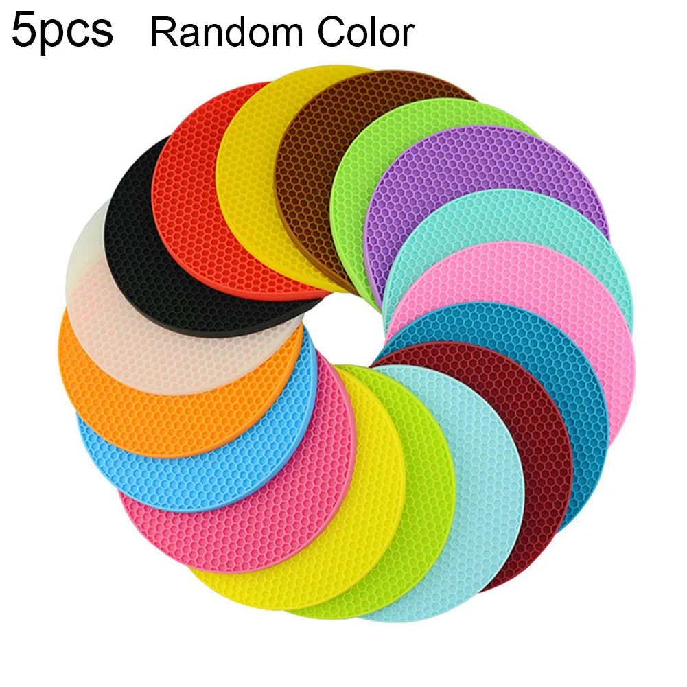 

5Pcs Round Heat Resistant Silicone Mats Drink Cup Coasters Non-slip Insulated Hot Pot Holder Desk Placemat Home Kitchen