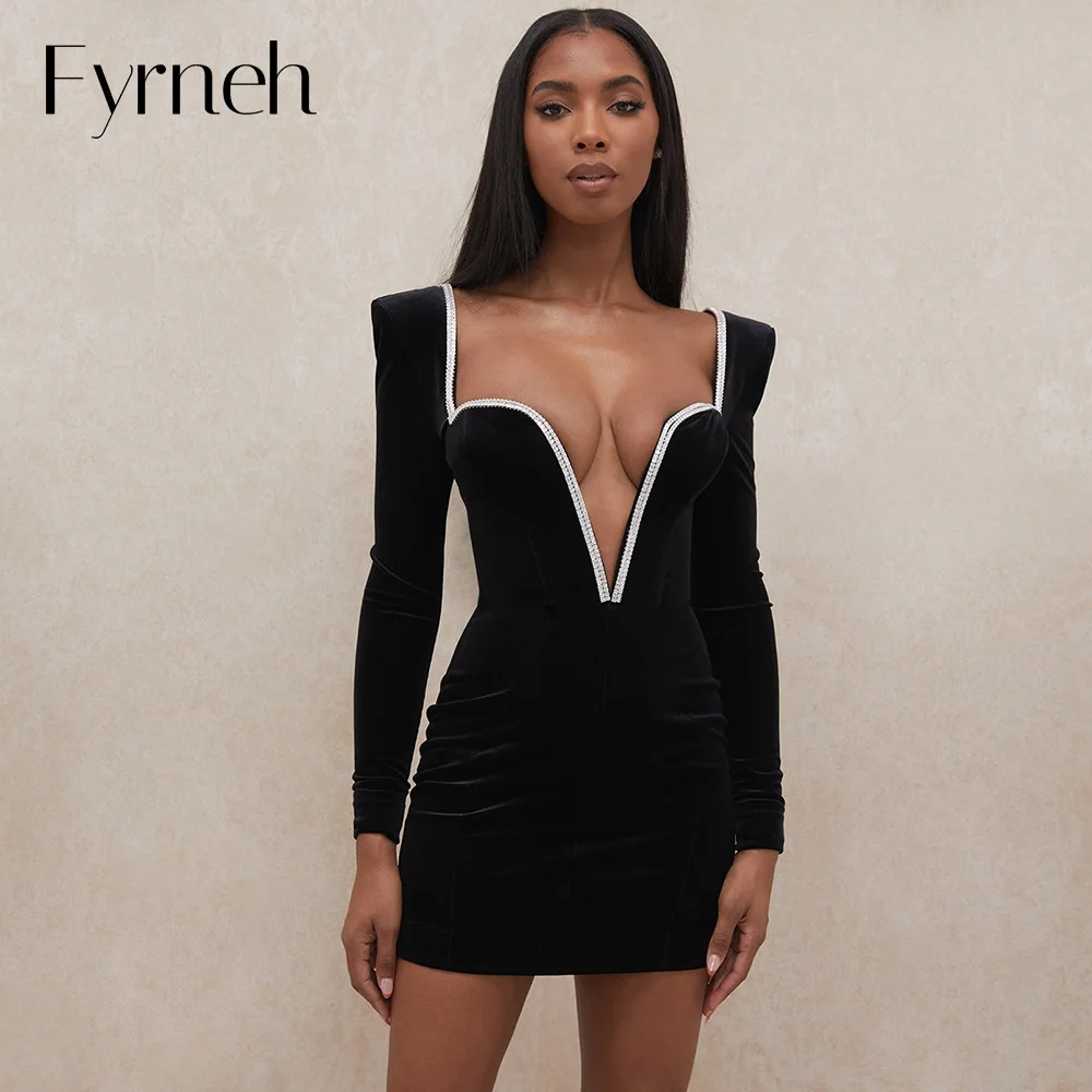 

Зимнее пикантное облегающее мини-платье Fyrneh с длинным рукавом, Кристаллами, цепочкой и V-образным вырезом, наряды на день рождения, шикарное ...