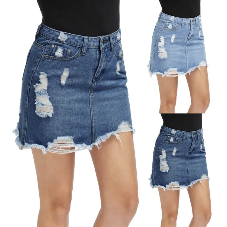 

Women Denim Skirts Ripepd Hole Bandage Pencil Mini Skirt