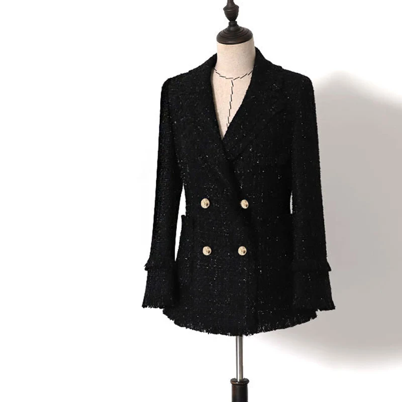 

Jacket women's tweed 2020 spring / autumn / winter women's jacket new ladies black shining tassels rough tweed suit jacket