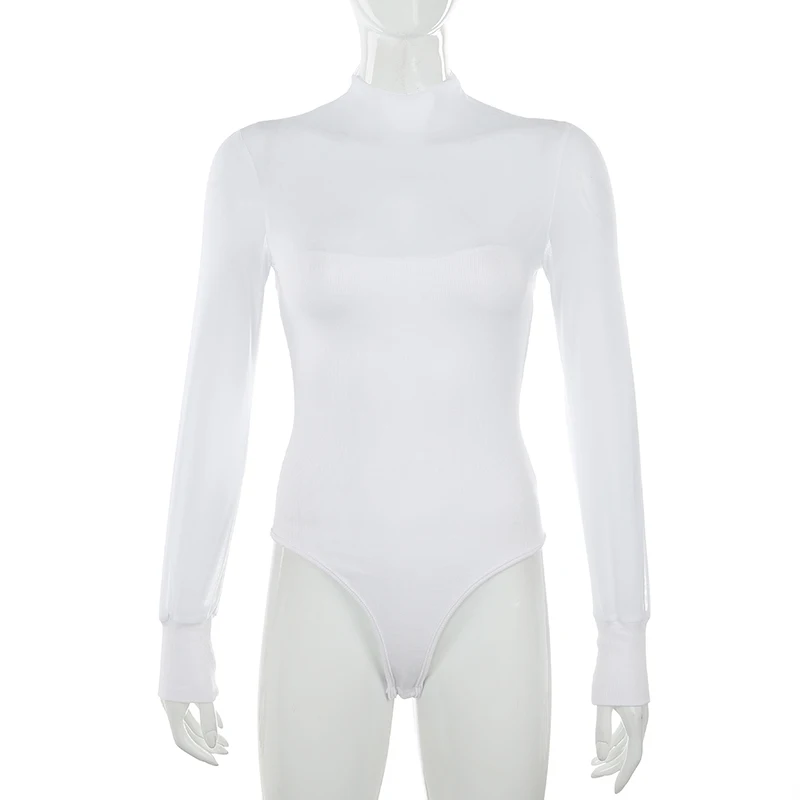 Weekeep сетки лоскутное с длинным рукавом боди для женщин Белый High Street Bodycon сексуальный комбинезон боди Femme