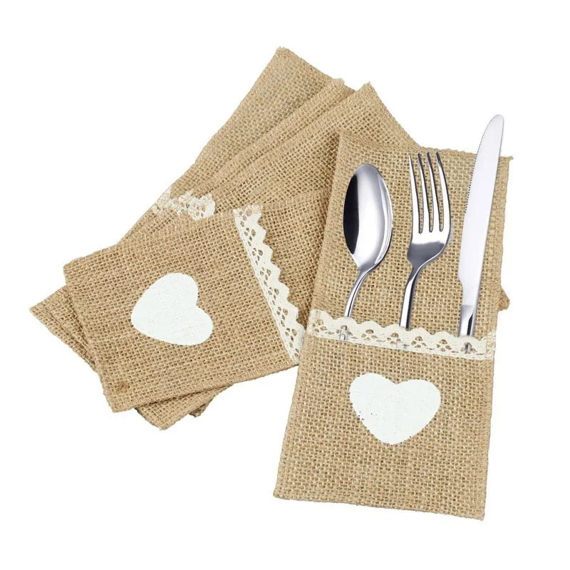 

1pcs Jute Hessian Burlap Linen Lace Cutlery Holder Vintage Birthday Wedding Party Christmas Decorations Tableware Supplies 62447