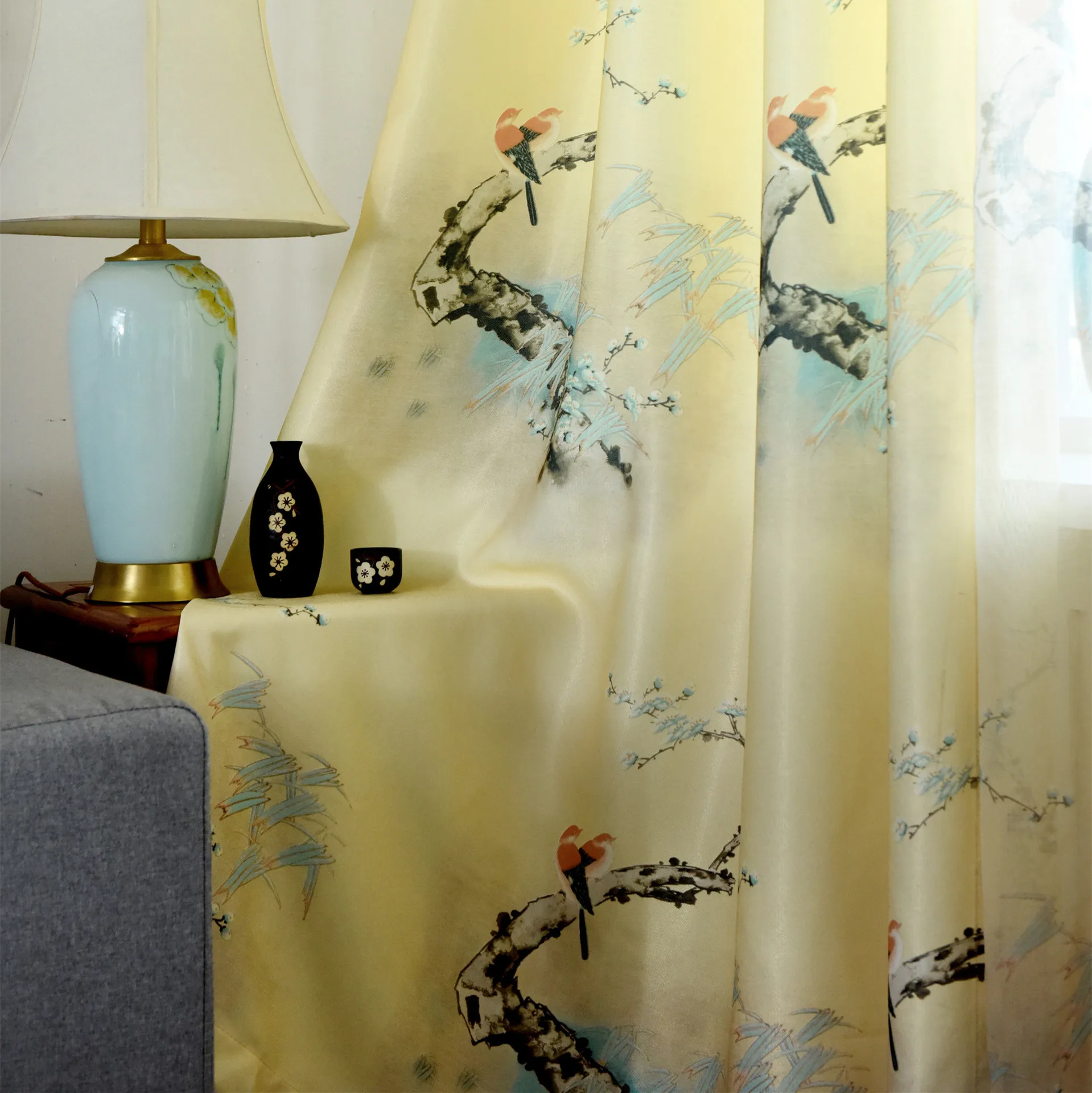 Затеняющие шторы из хлопка и льна в китайском стиле с принтом птиц для спальни