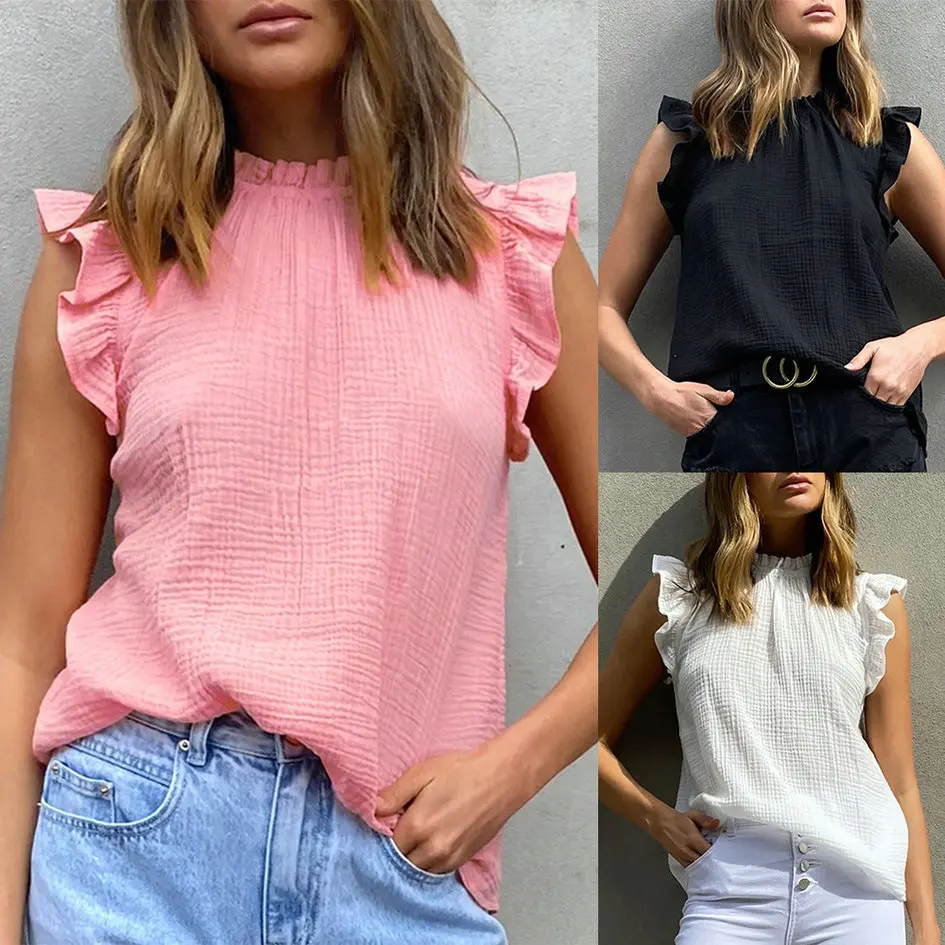 

2022 Casual Women Top Summer T Shirt Ruffles Half Turtleneck Solid Elegant Cute Sleeveless Female Tee Y2039A