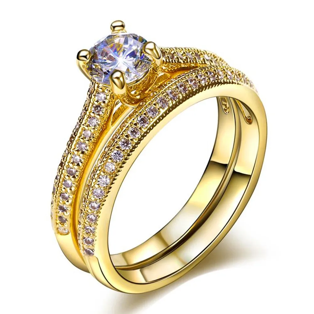 

Fine Jewelry Solitaire Wedding Ring for Women Love Forever 925 Sterling Silver Gold Color CZ anillos mujer Stacking Ring Set