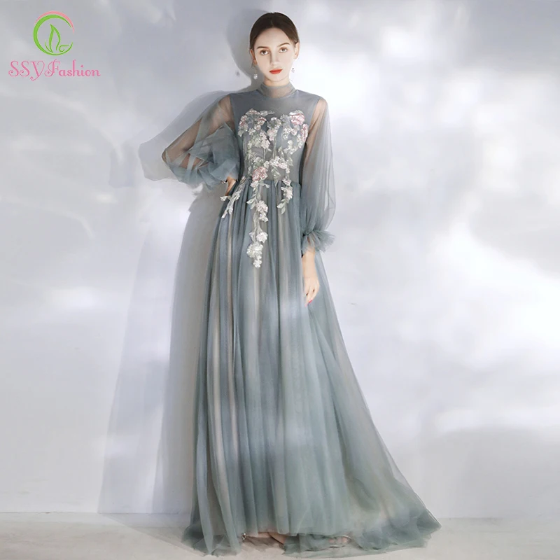 Женское вечернее платье SSYFashion романтичное длинное с длинным рукавом кружевной