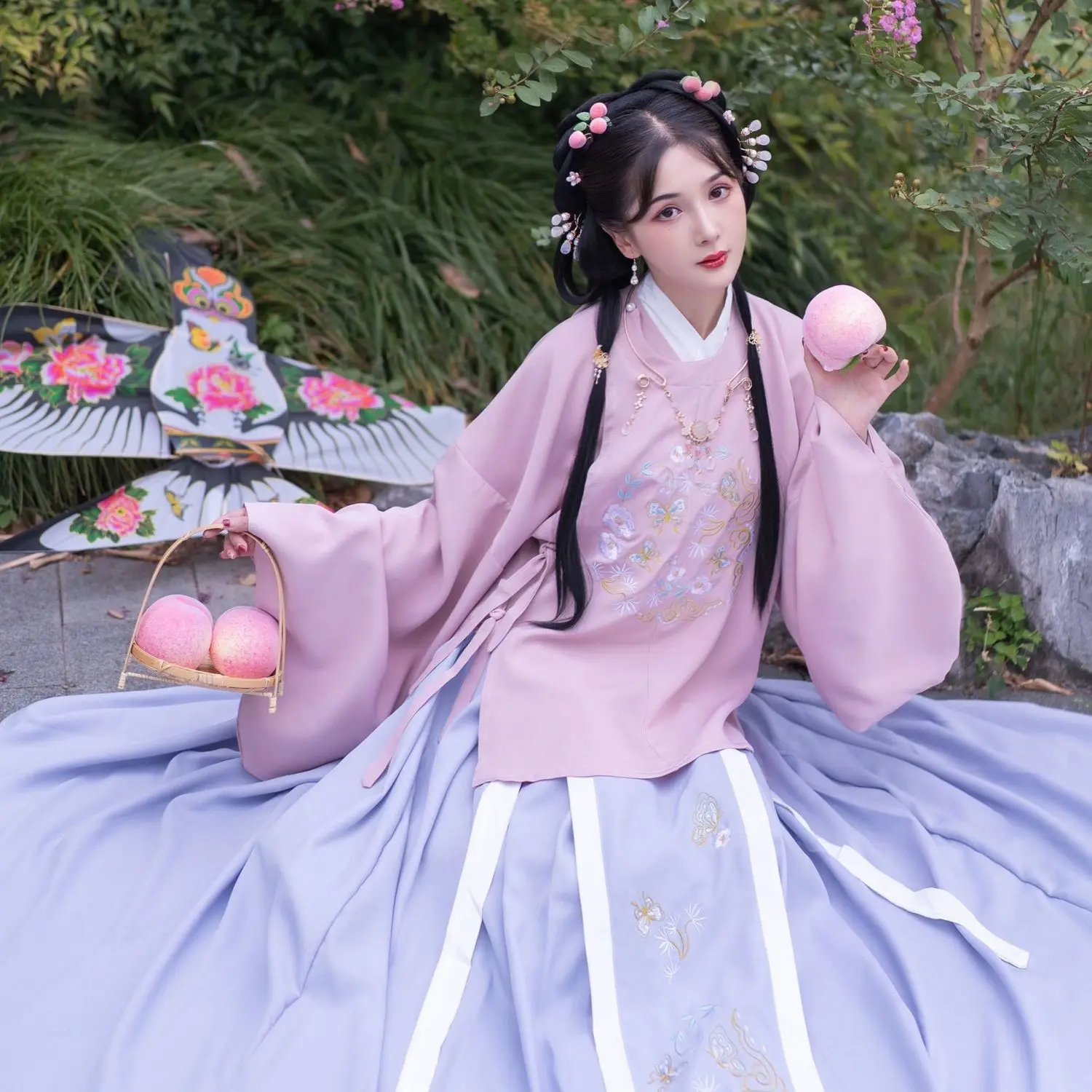 Female Hanfu Dress Suit Embroidery Flower Novelty Fairy Cosplay Costume Round Neck Ming Dynasty Pink Performance Clothing