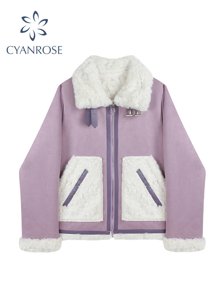 

Women Vintage Lamb Wool Jacket Casual Oversized Warm Thicken Zippers Motorcycle Lapel Korean Trendy Faux Fur Coat 2021 Winter