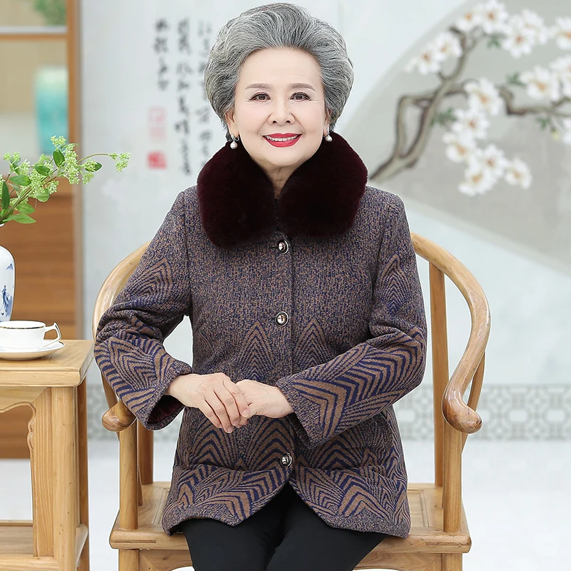 Женское зимнее бархатное теплое пальто для пожилых женщин с меховым воротником