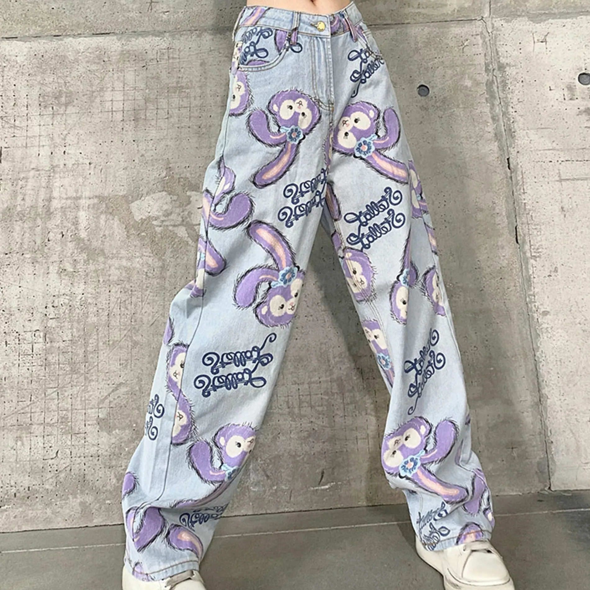 

Woman Jeans High Waist Loose Straight Pants 2020 Cartoon Printed Zipper Casual Female Long Trousers large size daddy pants