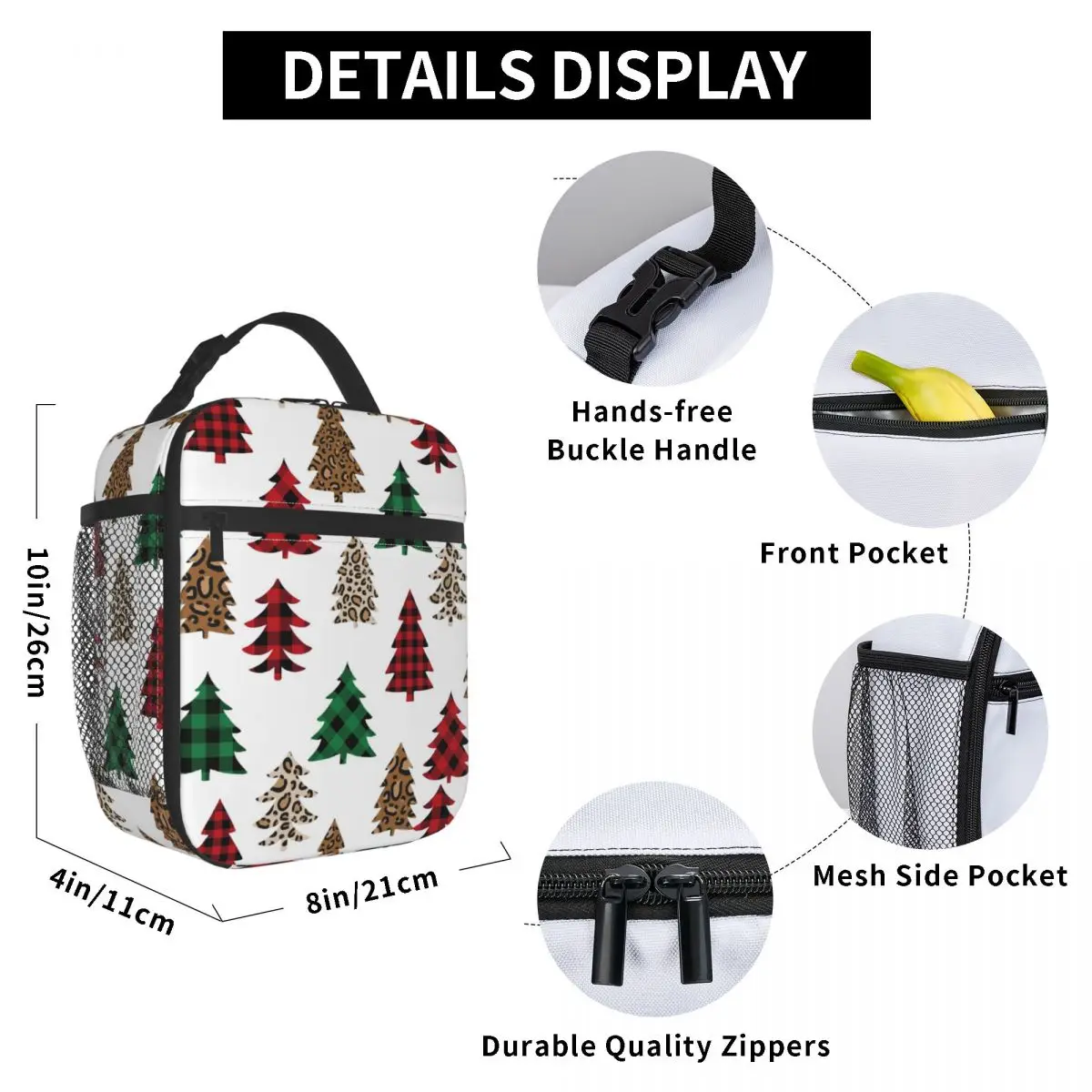 

Leopard Buffalo Plaid Christmas Trees Lunch Bag for Women Men Large Insulated Lunch Box with Water Bottle Holder and Pockets