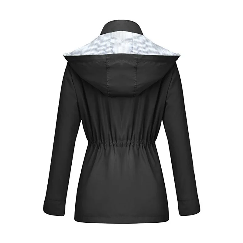 

Women Casual Hooded Drawstring Waist Coat Outdoor Waterproof Coat Long Length Lady Trench Solid Color Zipper Coat Size S To XXL