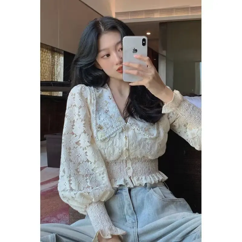 Женский кружевной ажурный топ белая Винтажная футболка с длинными рукавами