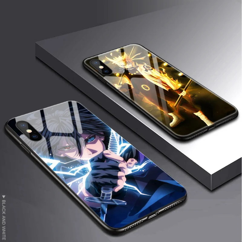 Японский аниме закаленный стеклянный чехол для телефона iPhone 6S 7 8PLUS XS MAX есть светодиодный роскошный стеклянный чехол для вспышки блестящий чехол для телефона