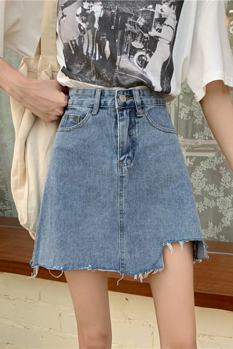 

High waist and thin irregular denim skirt for women