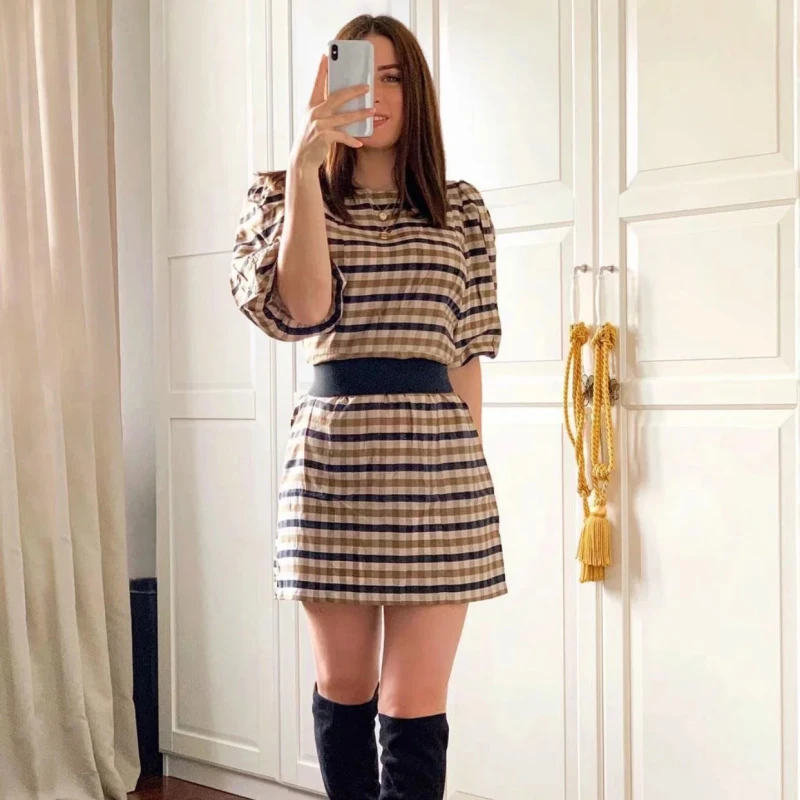 

New Women Plaid Print Back Zipper Mini Dress Spring&Summer Puff Short Ladies Dresses Elegant Casual Office Female Clothing