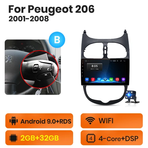 WIFI 2GB-32GB -B AWESAFE для peugeot 206 2001 2002 2003 2004-2008 Автомобиль Радио Мультимедийный видеоплеер gps без 2din 2 din Android 8,1 2 ГБ+ 32 ГБ - Цвет: WIFI 2GB-32GB -B