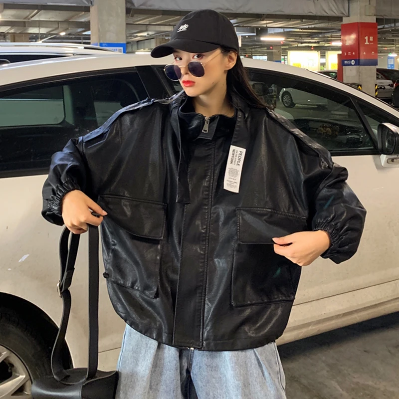 

Oversize Women Faux Leather Jacket Soft Vintage Biker Coat Short Pockets Motor PU Black Jacket Autumn Street Leather Coat PY97