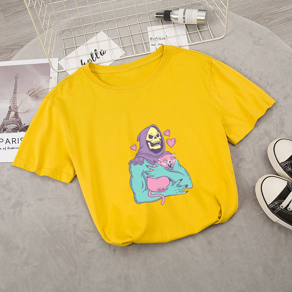 Cute Skull Cat T-Shirt Unisex Aesthetic Grunge Black Tee Gothic Clothing Witch Shirt Womens Short Sleeve Harajuku Chic T Shirts | Женская