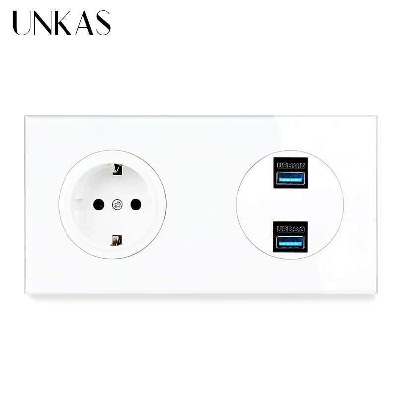 

UNKAS 16 А настенная розетка стандарта ЕС + женский двойной USB 3,0 порт для зарядки 172 мм * 86 мм выход из закаленного хрустального стекла