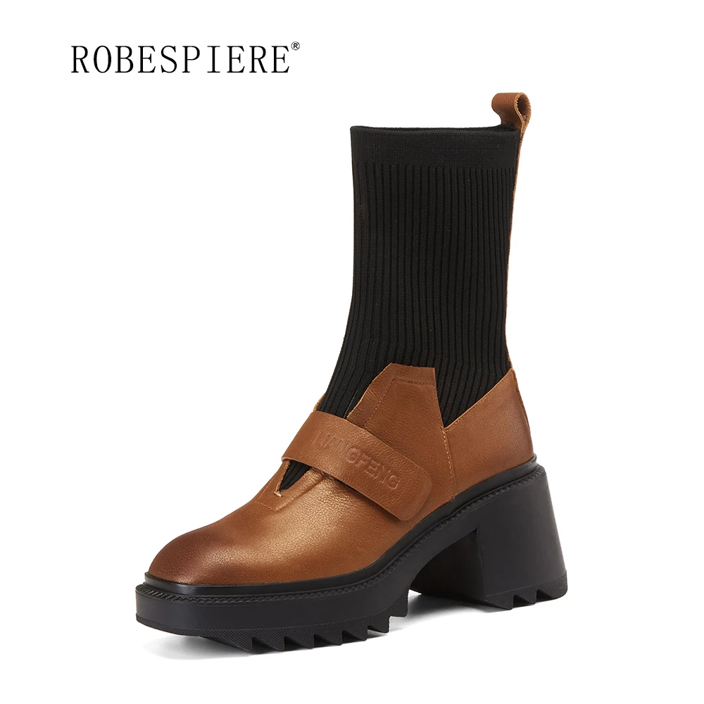 

ROBESPIERE-New Style Stovepipe Retro Thick-soled Boots Round Toe High-heeled Ankle Boots Autumn Leather Women's Shoes-B254