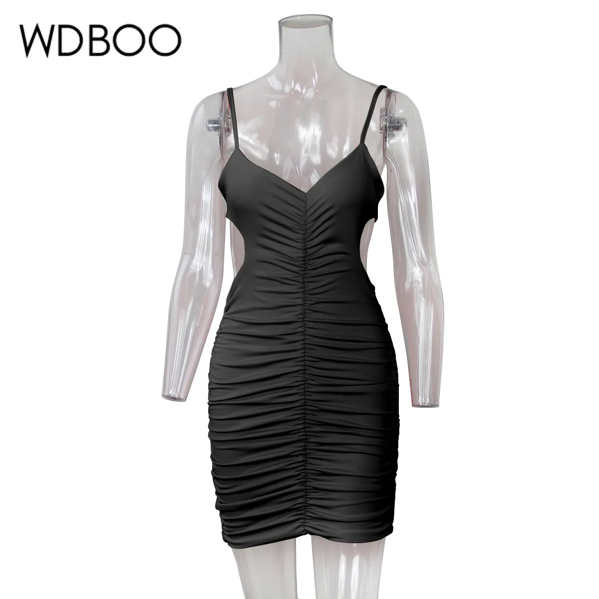 

WDBOO Sexy Side Hole Cut V Neck Spaghetti Strap Party Ruched Mini Dress Women Solid Bodycon Robe Female Summer Short Dresses
