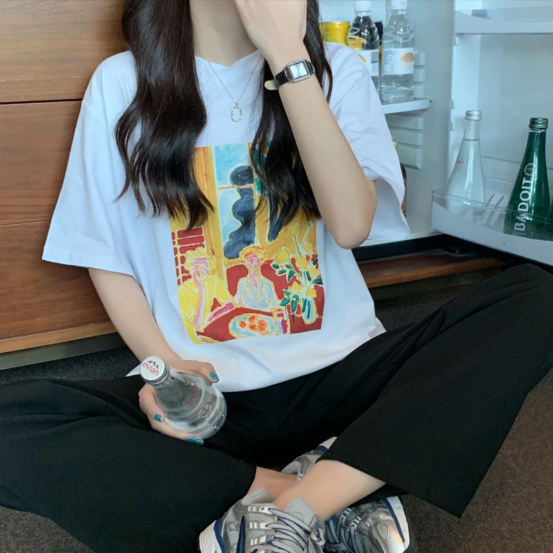 

Женская Винтажная футболка с коротким рукавом, универсальная свободная футболка в японском стиле Харадзюку, в стиле хип-хоп, 2021