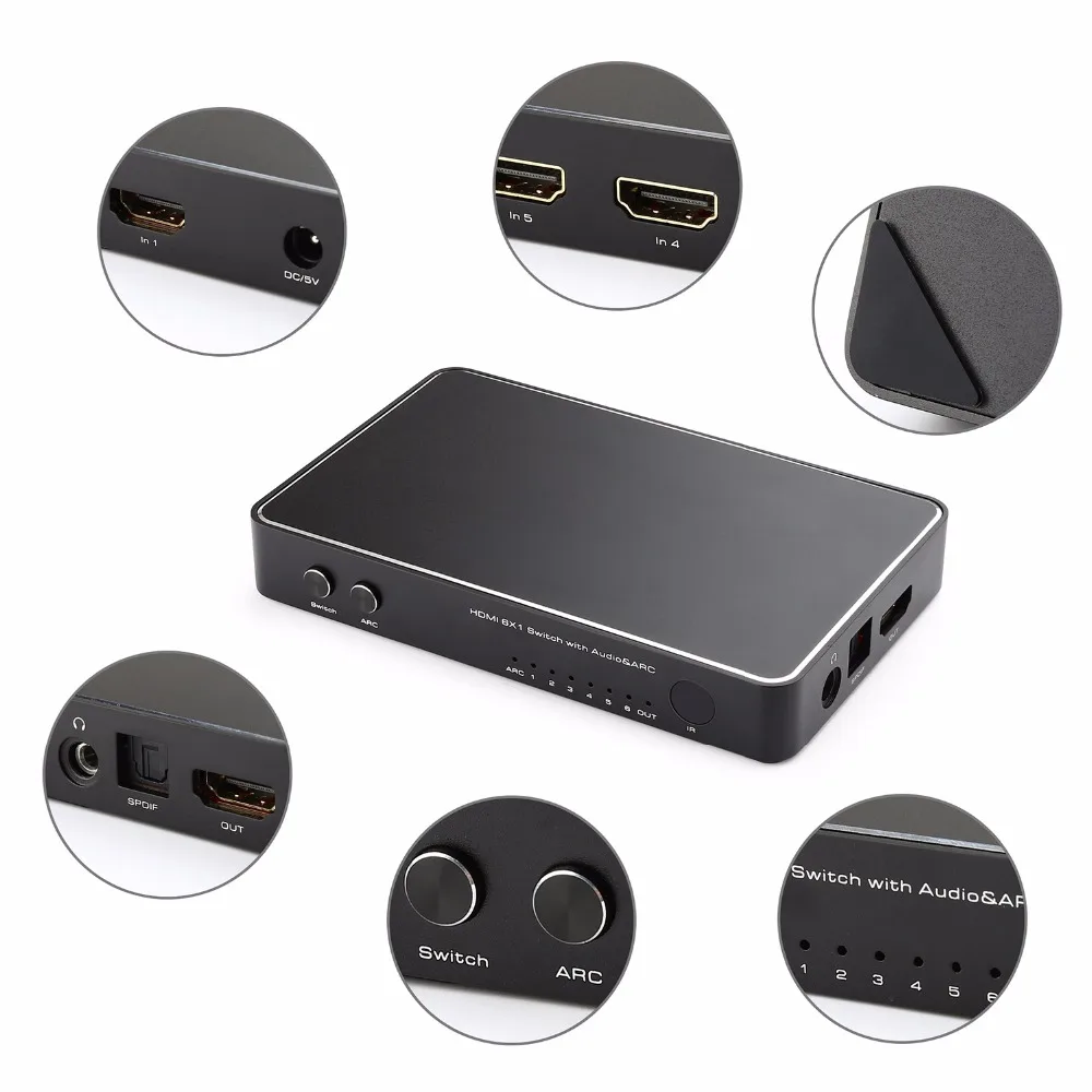 4K x 2K 6X1 HDMI переключатель с оптическим Spdif Toslink ARC стерео аудио для PS4/ Xbox/Blu Ray DVD/Roku TV EU