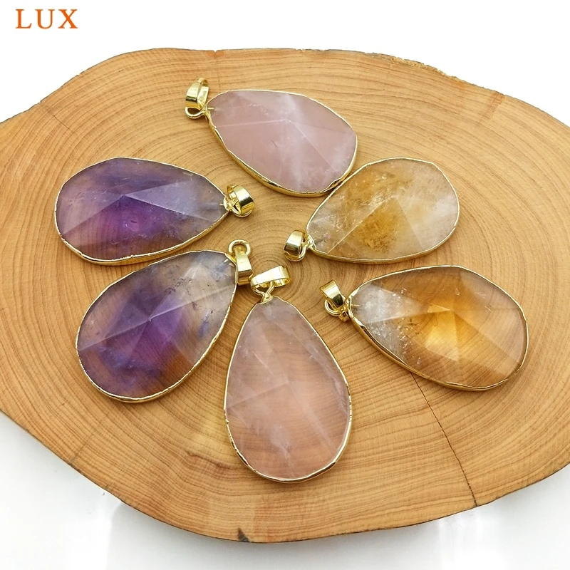 

Natural t gems stone water drop faceted pendan citrines amethysts rose quartzs gold color plated charm for DIY necklace Making
