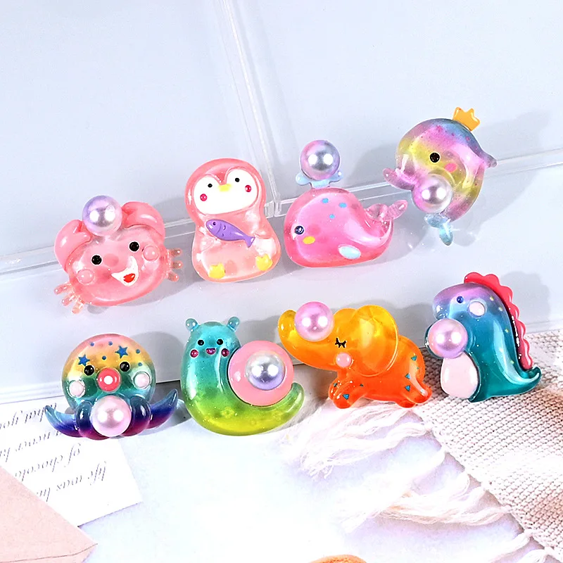 

8Pcs Cartoon Kawaii Decor Resin Lovely Dolphin Octopus Penguin Crab Whale Hair Rope Stationery Box Handmade DIY Accessories