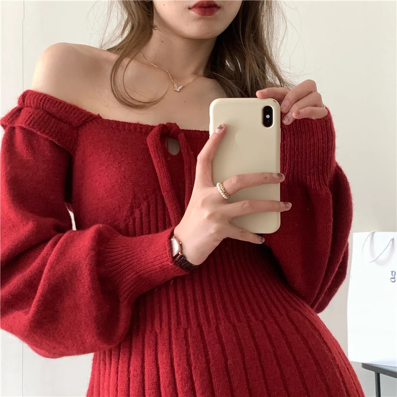 

Lucyever Vintage Red Ruffles Mini Dress Women 2021 Sweet Style Slash Neck Knit Dresses Woman Korean Lace-up Slim Sweater Dresses