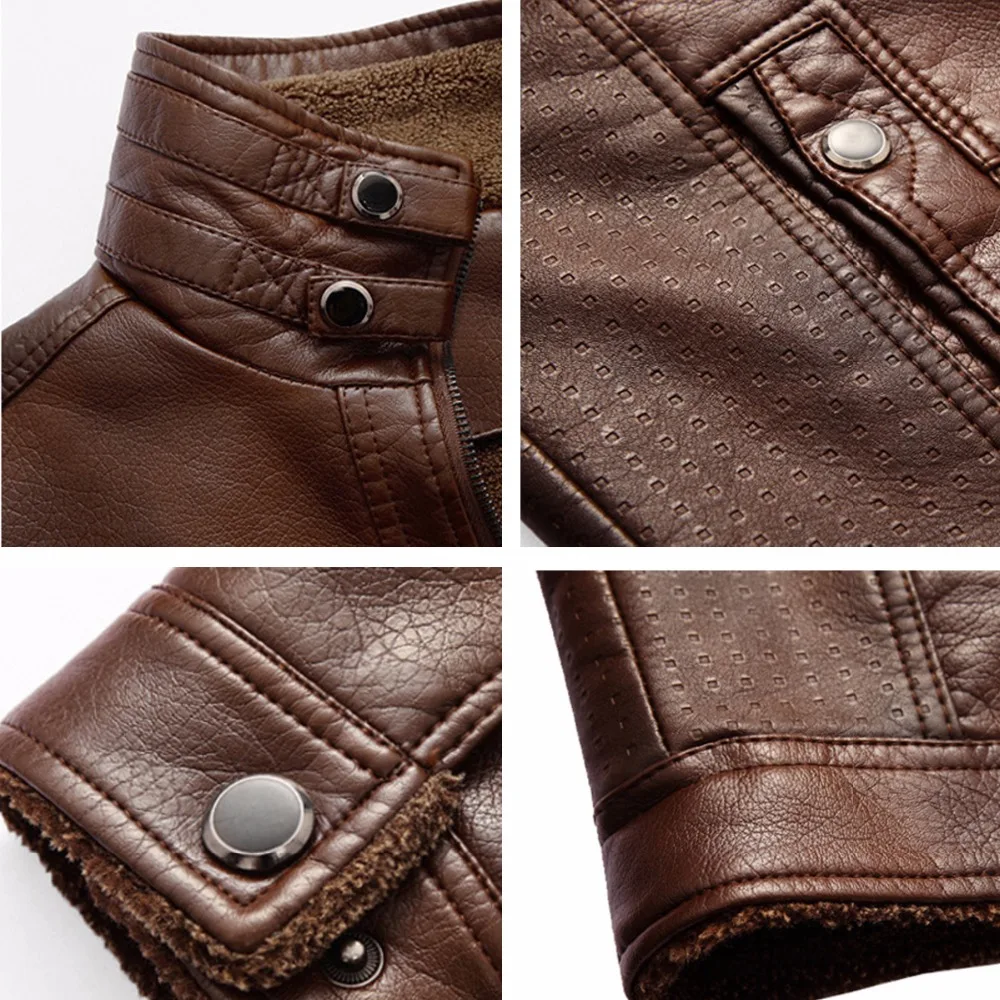 

de men jaqueta leather jacket couro masculino fur coat middle-aged leather PU jacket coat stand collar size male 5XL 4 color