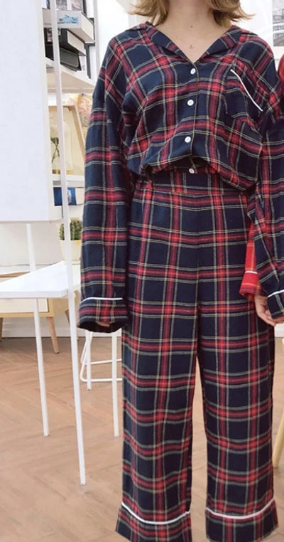 Blue Plaid Новые пижамы для женщин корейские свободные пижамы с длинными рукавами клетчатые пижамы женские хлопковые повседневные комплекты из 2 предметов Pigiama Donna Прямая поставка - Цвет: Blue Plaid