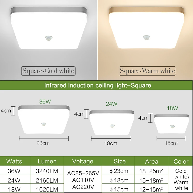 $13.36 Square LED Ceiling Lamp PIR Motion Sensor Cold white Warm white 18W 24W 36W 220V 110V Smart Ceiling Lights For Foyer Hallways
