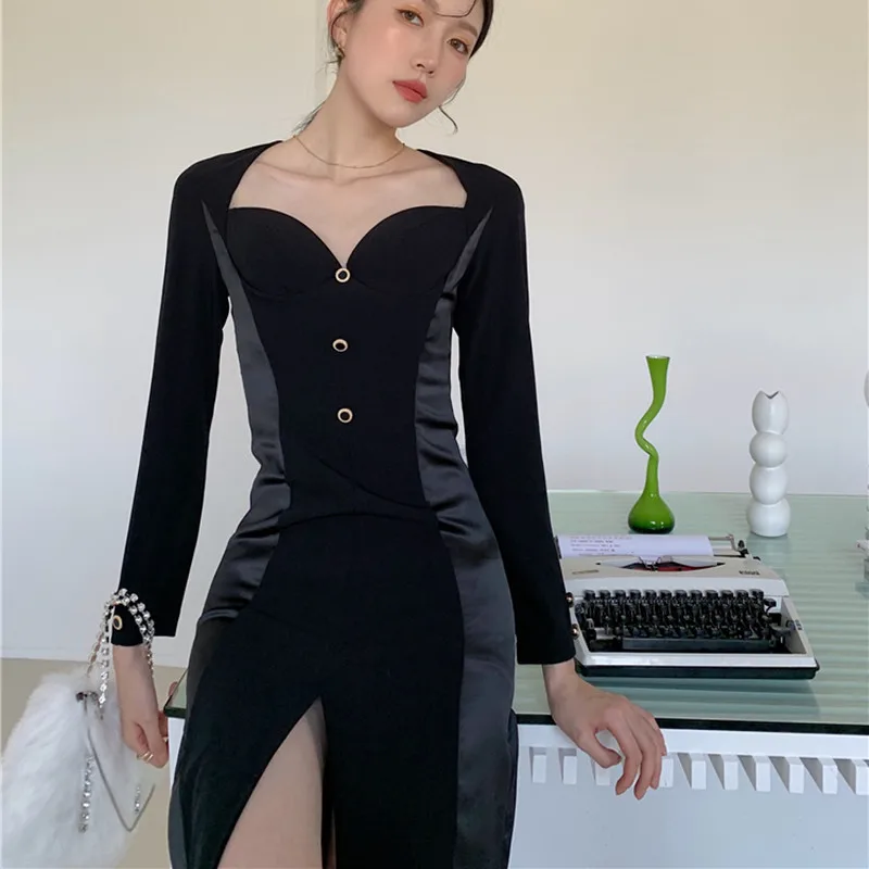 

BLLOCUE Women's 2020 Autumn Black Slit Dress Long Sexy V-neck Long Sleeve Dress Lady