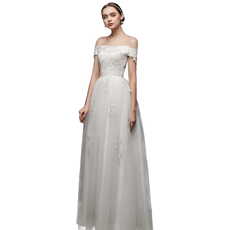 

Elegant Boho Wedding Dress Off the Shoulder Lace Applique Withe Lvory Princess Wedding Ball Gowns Beach A Line Bridal Dress 2021