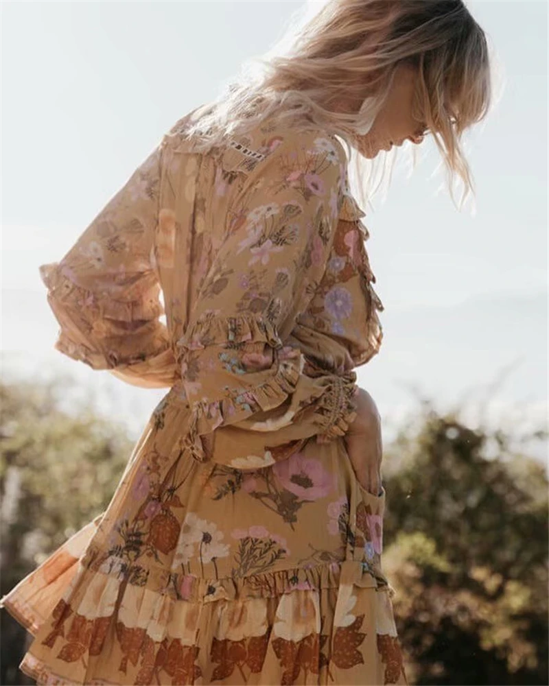 Boho королев для женщин с цветочным принтом Длинные Рукава Кисточкой оборками