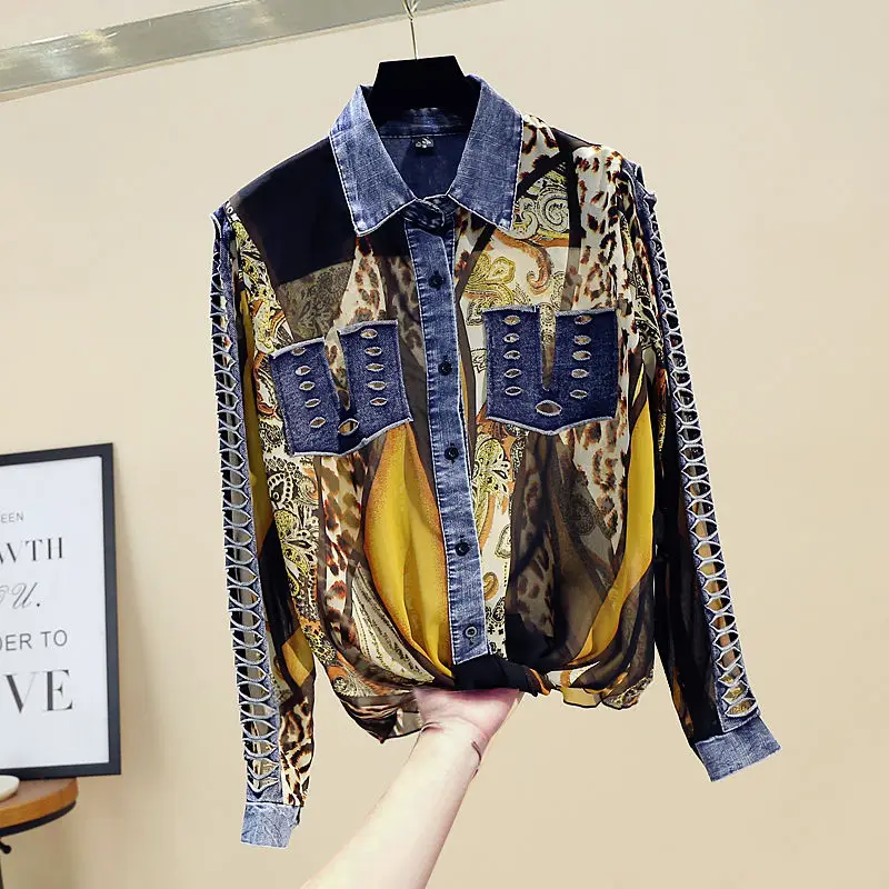 

Women 's Shirt 2021 Spring New Polo Collar Printed Patchwork Top
