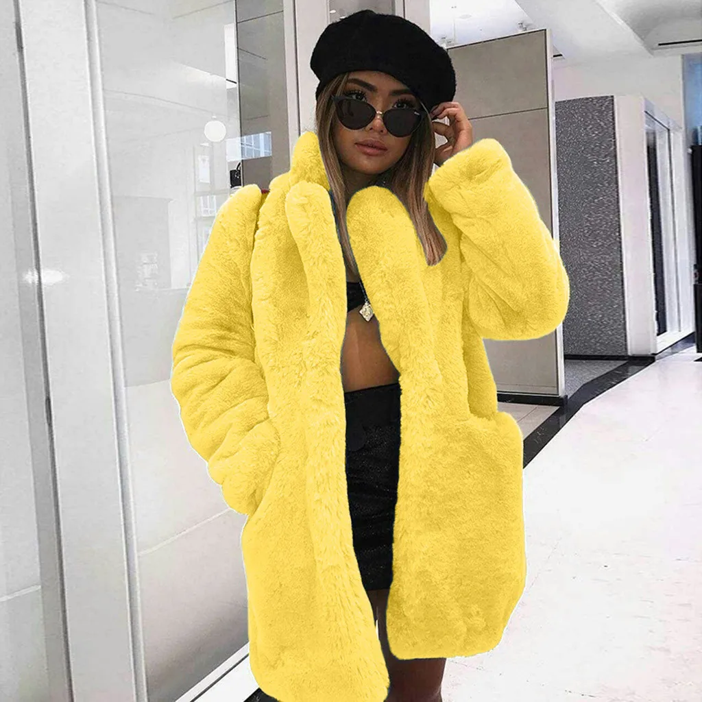Winter Women Faux Fur Coat Solid Long Sleeve Jacket Cardigan Pock Overcoat Warm Outwear Yellow Pink Blue Wine Black Fur Coat