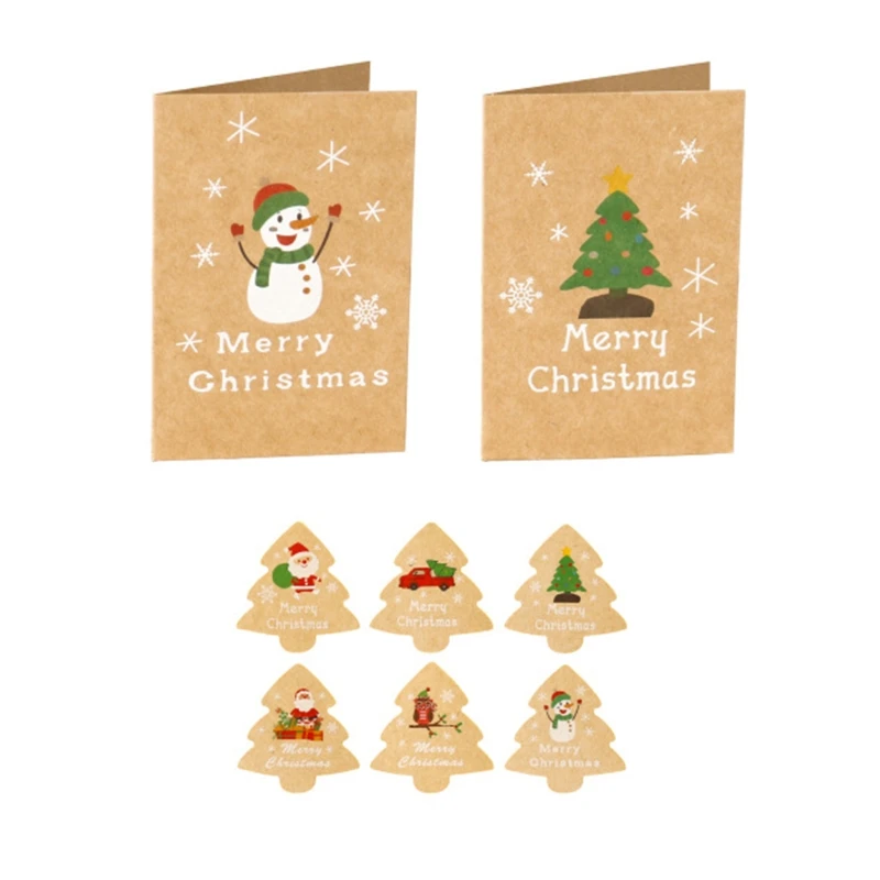 

90Sets Merry Chritmas Greeting Cards Envelope Xmas Tree Sticker Kraft Paper Card